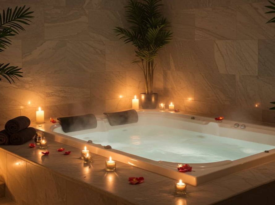 Jacuzzi privado en Estética IRIS Madrid con luz tenue y ambiente sensual.
