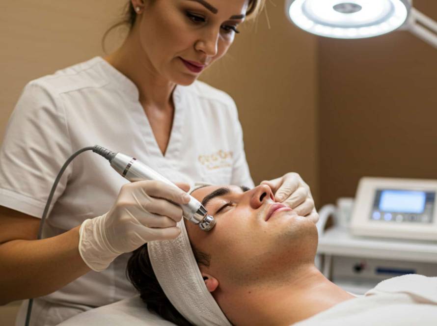 Hombre recibiendo limpieza facial con punta de diamante en Estética IRIS Madrid.